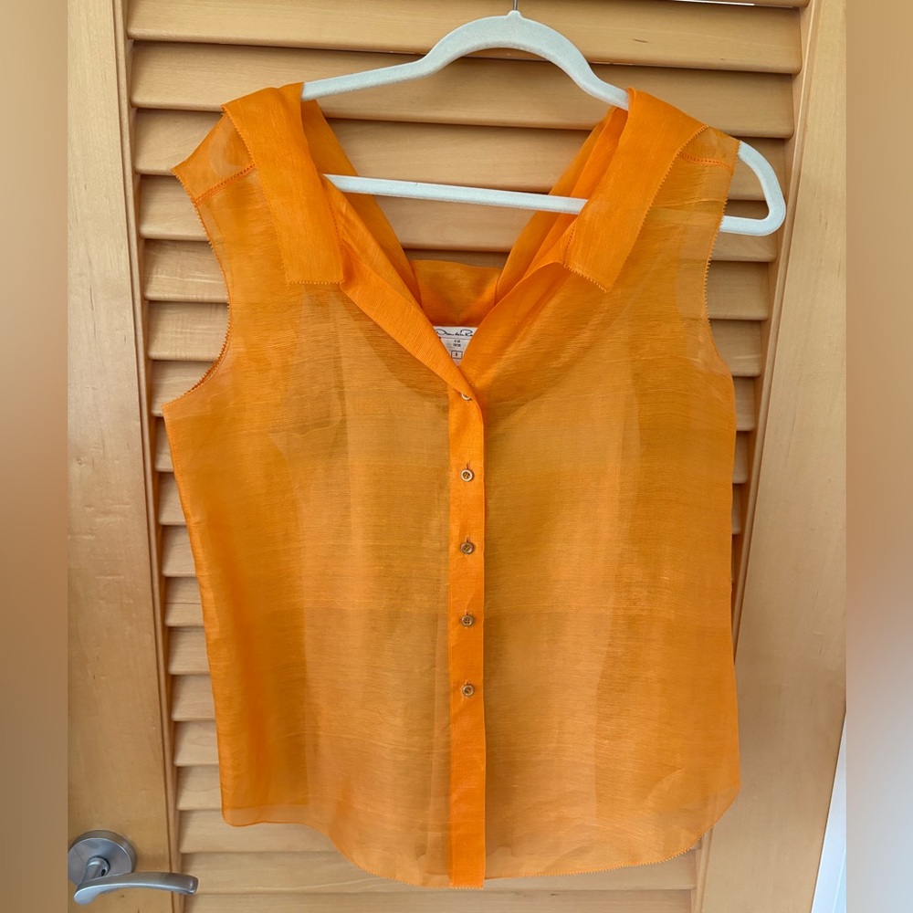 Oscar de la Renta Vibrant Orange Sheer Blouse